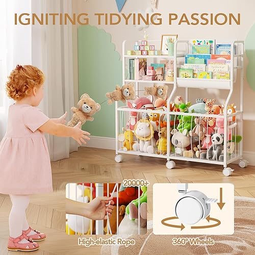 Miniatura 2 de BBLIKE Organizador de almacenamiento de animales de peluche, estantería rodante para niños y almacenamiento de juguetes con exhibición de libros de