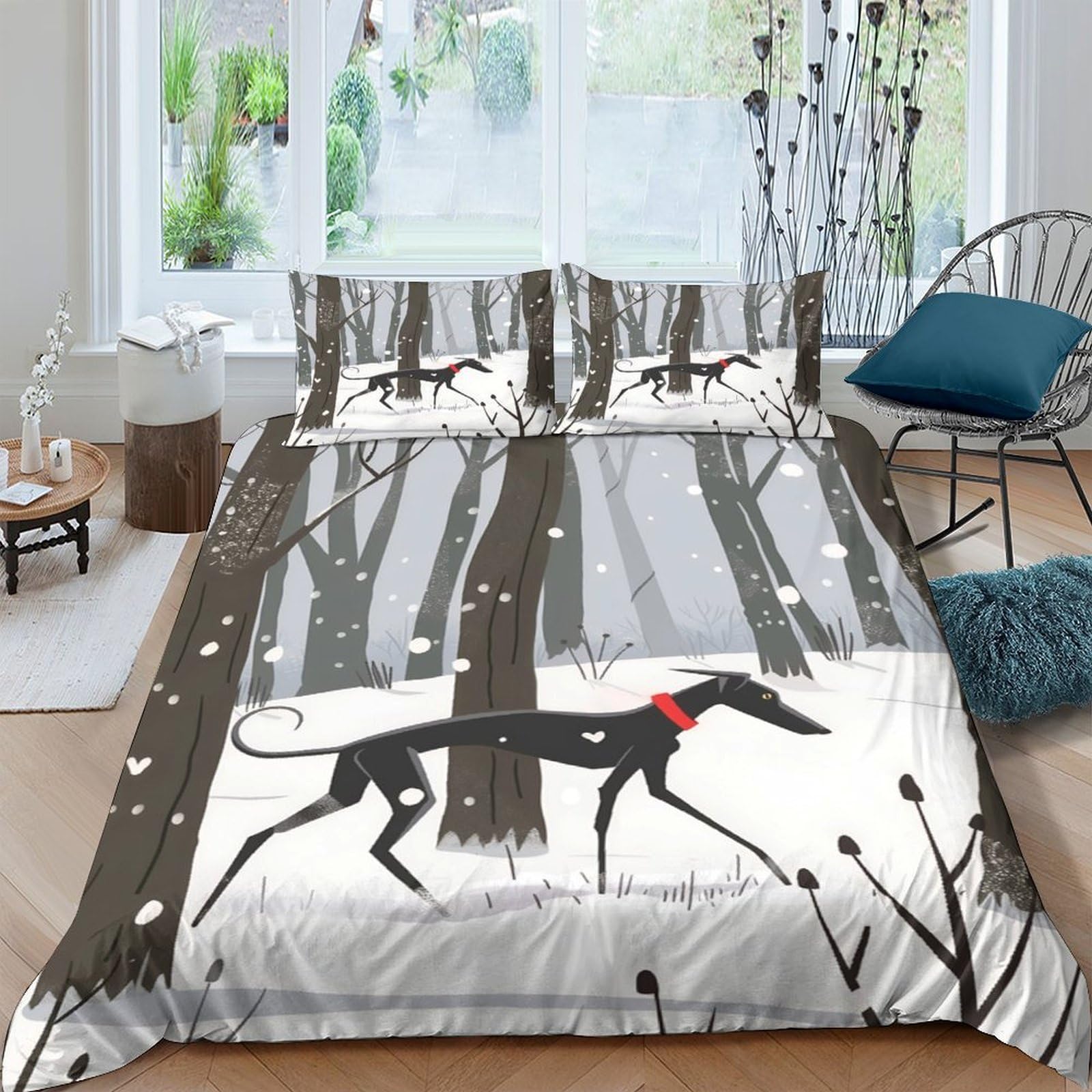 GPLZQXKJNH 3D Printed Forest Dog Duvet Cover Set Microfiber Soft Breathable Tree Walk Bedding with 2 Pillowcases Bedroom Decor Single（135x200cm）
