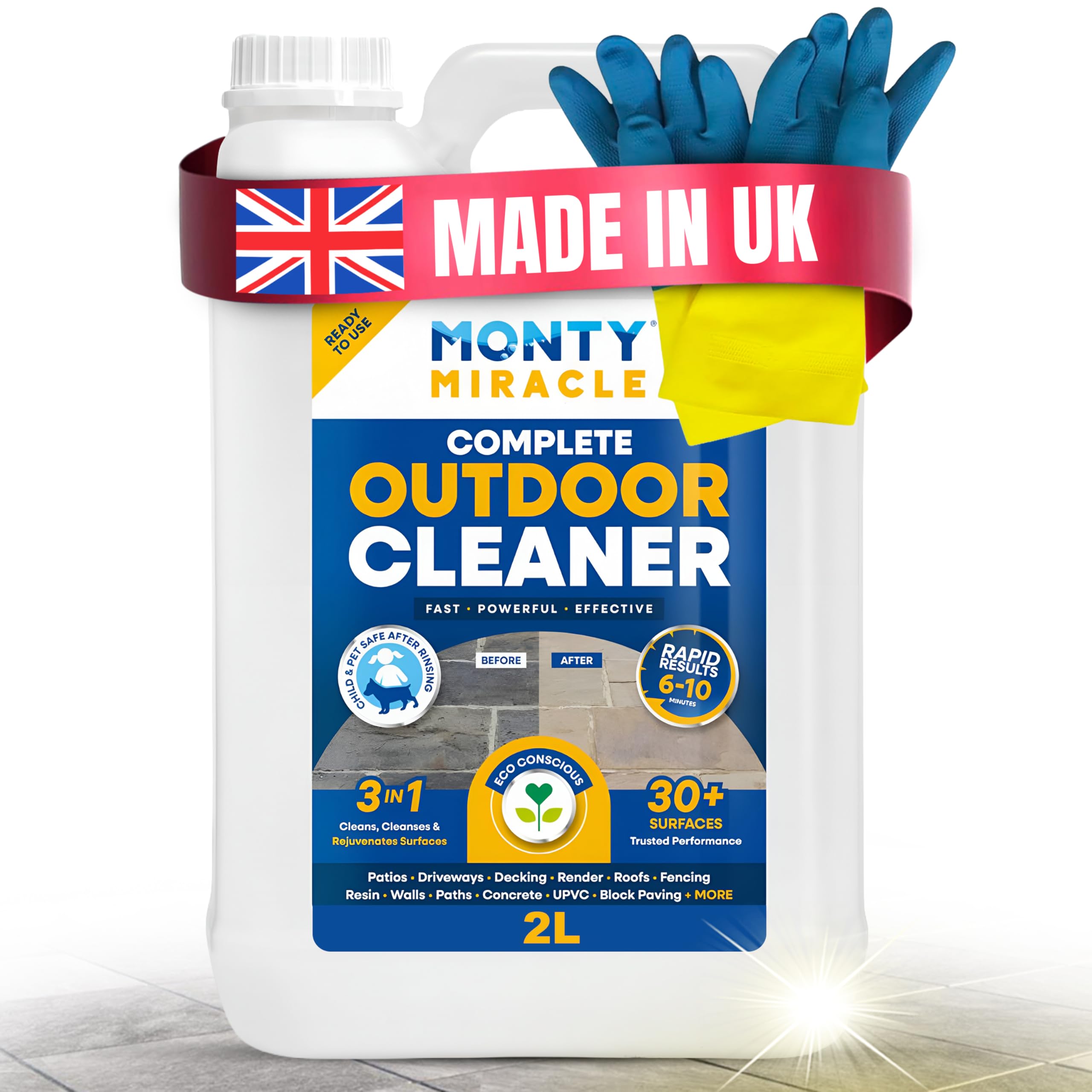 Monty Miracle® Complete Outdoor Cleaner, Clean & Rejuvenate your Patio, Decking, Fencing, Paths, Driveway, Render & More - Results in 6-10 Minutes! Pet & Child Safe (2L & Gloves) — image 1