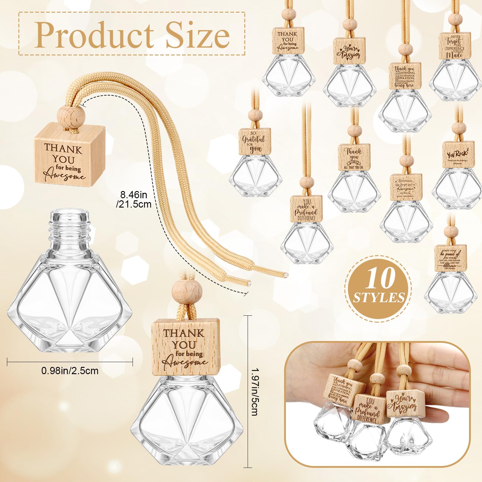 Funnymoom 50 Pcs Employee Appreciation Gift Bulk Car Diffuser Air Freshener Ornament Hanging Empty Glass Essential Oil Bottle for Coworker Teachers Nurse Volunteer Staff Thank You Gift (Diamond)