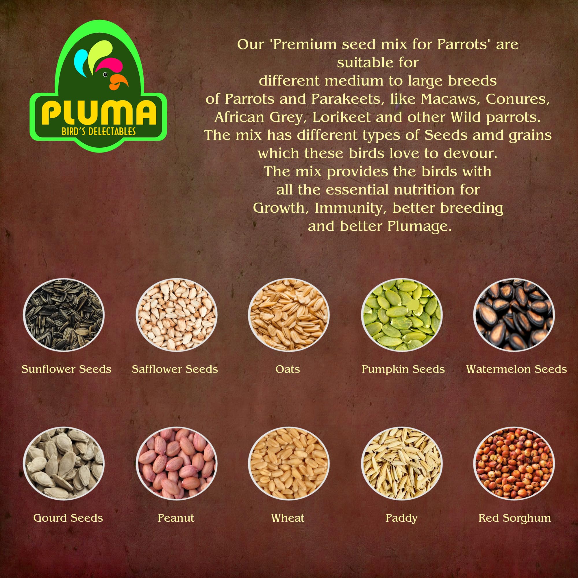PLUMA BIRD'S DELECTABLES Food for Parrots, Parakeets, Macaw, Conure, African Grey, Lorikeet - 450g Pouch | Premium Seed and Millet Mix | Daily Feed for Adult & Self Feeding Birds 2