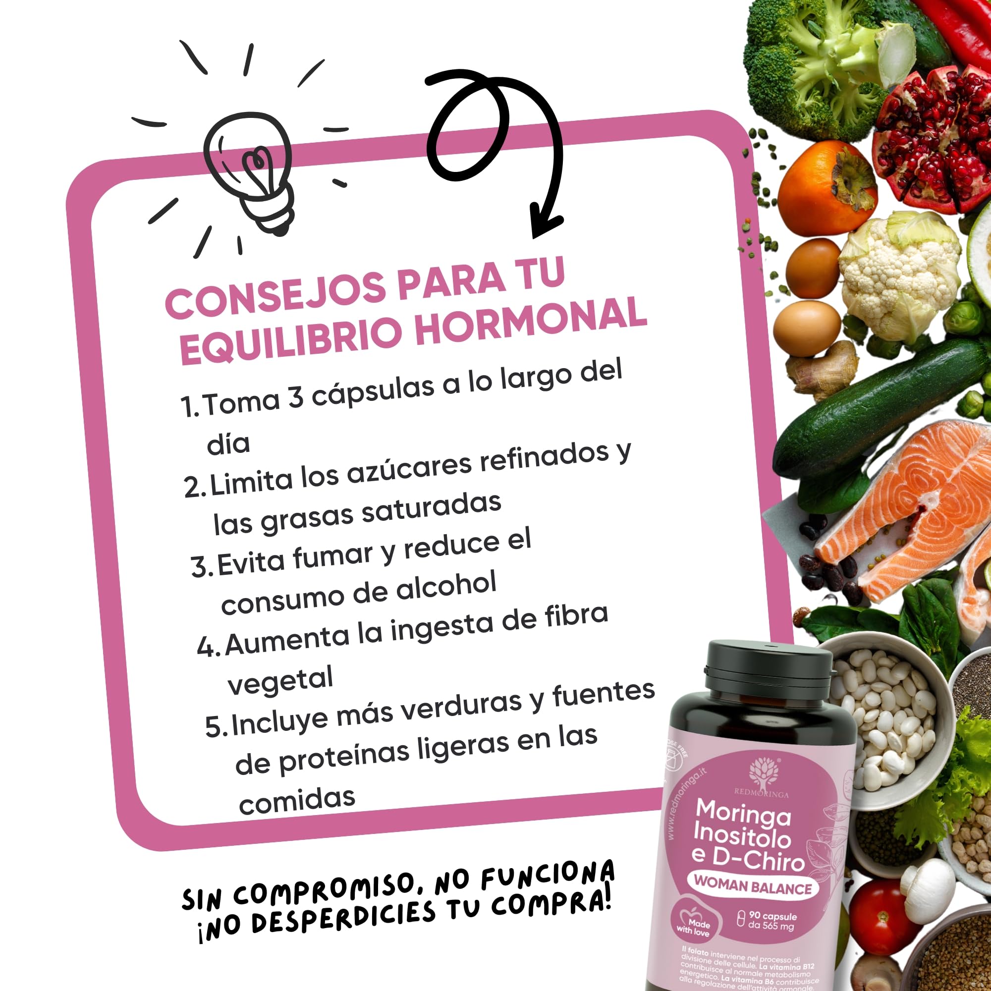 Myo-Inositol + D-Chiro Inositol | Vitaminas B12, B6, D, Ácido Fólico y Moringa Bio | Complemento Woman Balance PCOS (Síndrome de Ovario Poliquístico) | Regularidad Menstrual | 270 Cápsulas RedMoringa
