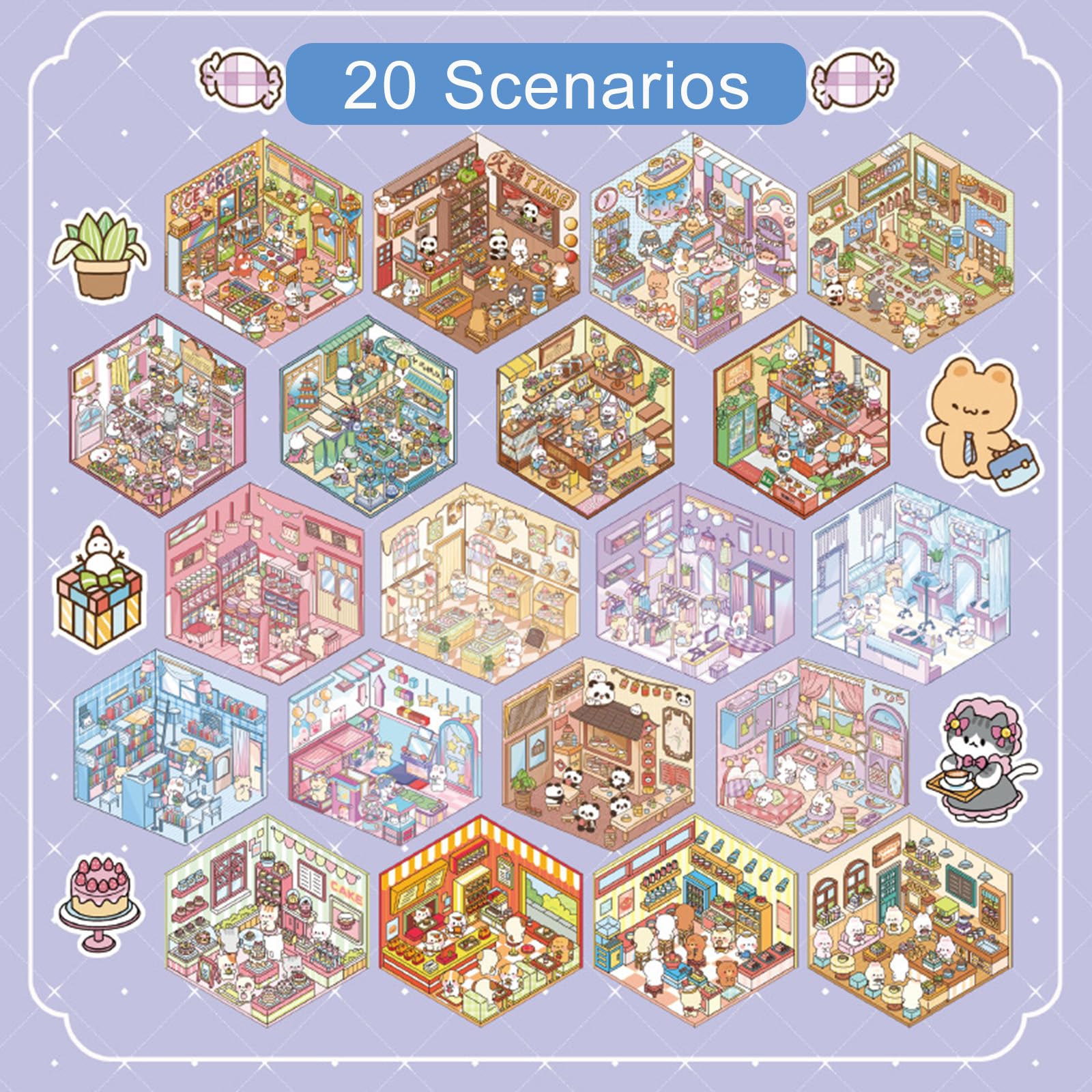20 Sets DIY 3D Creative Scene Sticker Books Miniature House Scene Stickers Book,Safe Stress Relief Book Stickers Scenes with Tweezers Fun & Reusable DIY Sticker (Fun Town) - Image 4