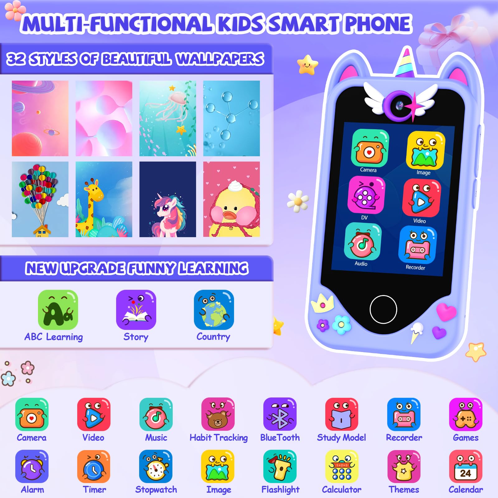 Kids Smart Phone for Boys Gifts - Toddler Christmas Birthday Gift for Age 3 4 5 6 Year Old, Kids Cell Phone Toy with Touchscreen, Dual Cameras, Learning, Music Player, Games with 32 GB Card