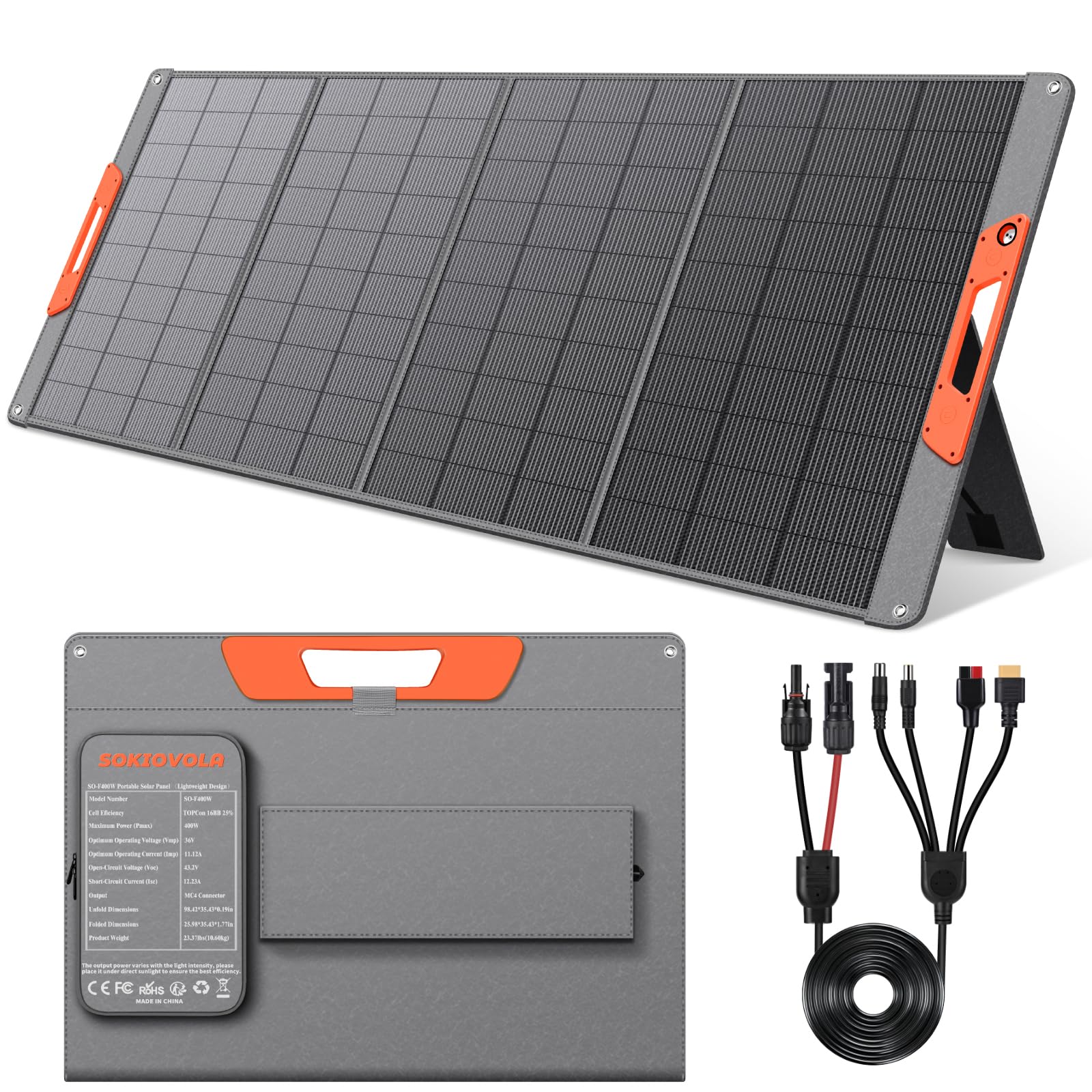 SOKIOVOLA Pannello solare portatile da 400 W per centrale elettrica EF/Jackery/Bluetti/Anker, 25% ad alta efficienza, pannello solare pieghevole ETFE ultraleggero, uscita MC4, per campeggio all'aperto