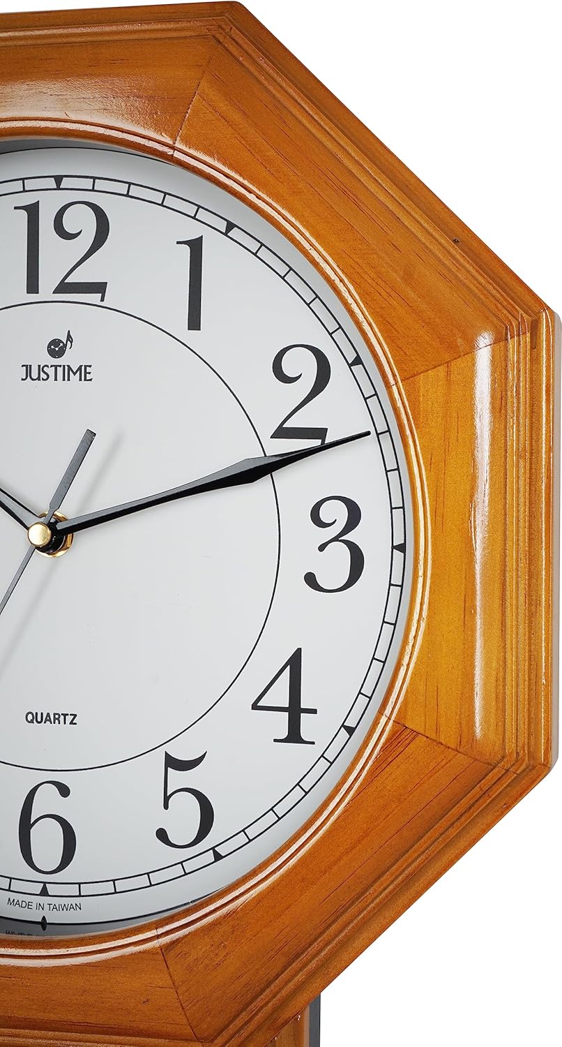 JUSTIME Traditional Schoolhouse Solid Wood Pendulum Wall Clock Chimes Hourly with Westminster Melody Chime (Natural Wood w/Westminster Chime) Made in Taiwan