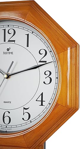 Miniatura 3 de JUSTIME Traditional Schoolhouse - Reloj de pared de péndulo de madera maciza con campanillas cada hora con melodía Westminster (madera natural con