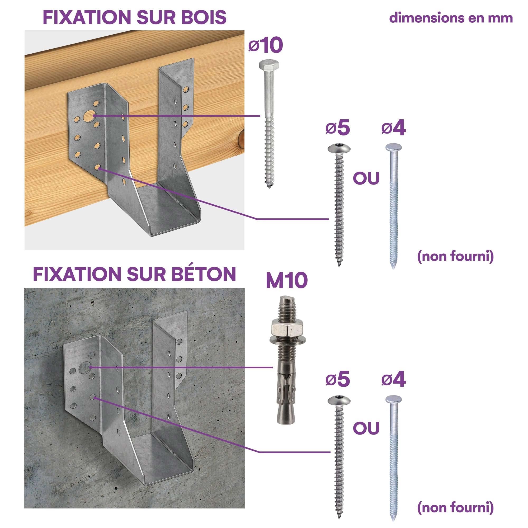 10 sabots de charpente à ailes extérieures - Connecteurs de poutres - Acier galvanisé - Larg 45 x Ht 108 mm - Fabriqué en Europe