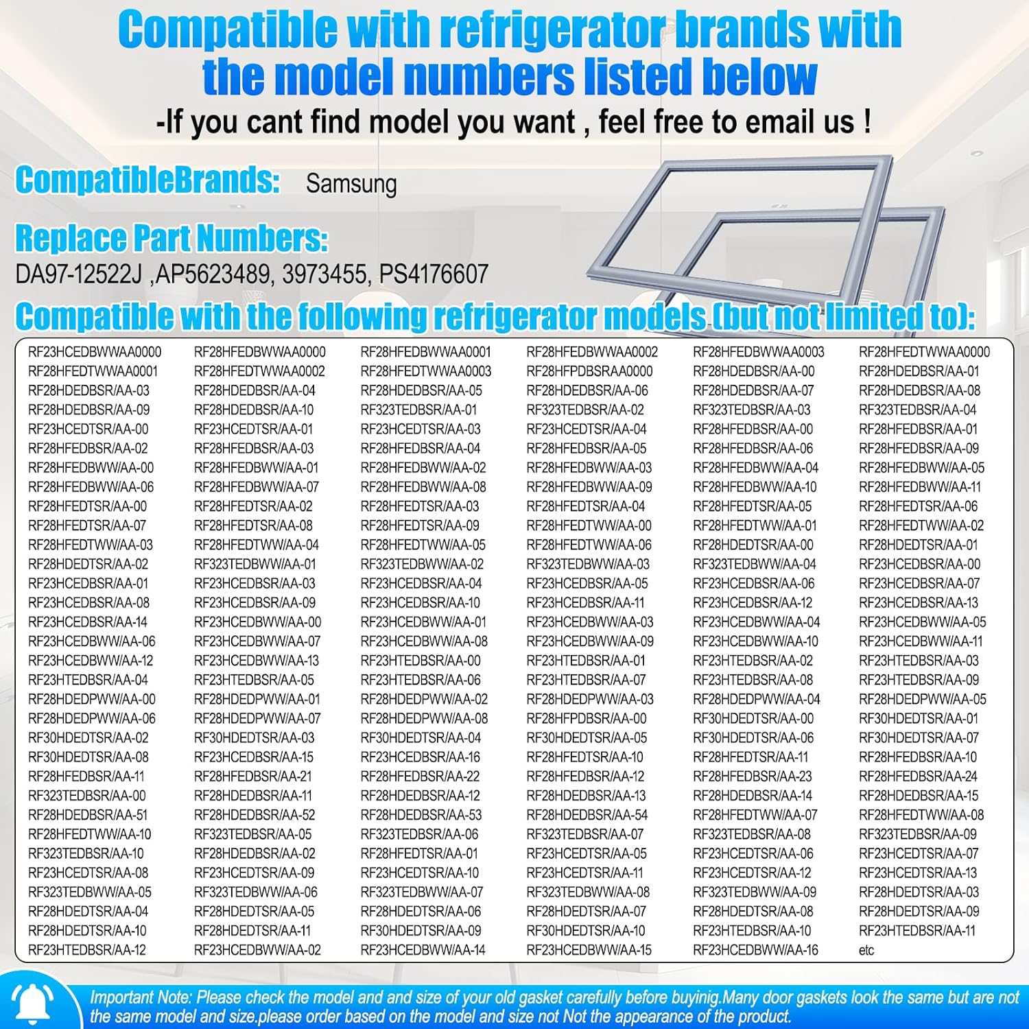 Upgraded 34.84”x 23.82” DA97-12522J Refrigerator Freezer Door Gasket Replacement Part Compatible with Samsung Refrigerator Freezer Door Seal 3973455 AP5623489 PS4176607 EAP4176607 Gray