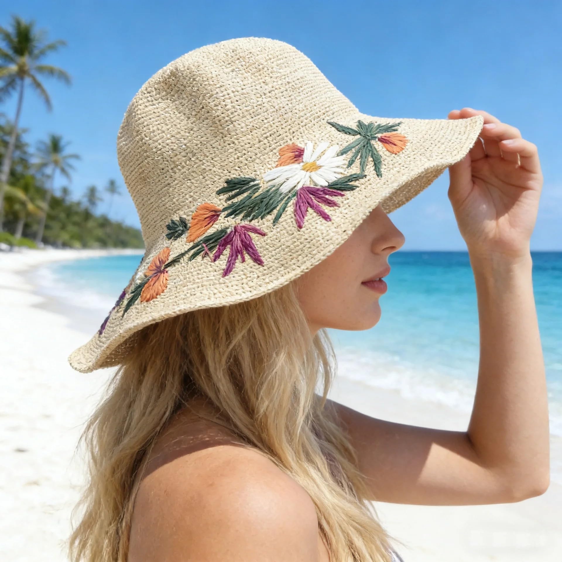 Sombrero de Paja Floral Bordado a Mano for Mujer Verano Viajes Vacaciones Playa Gorras Protección Solar para Viajes y Vacaciones