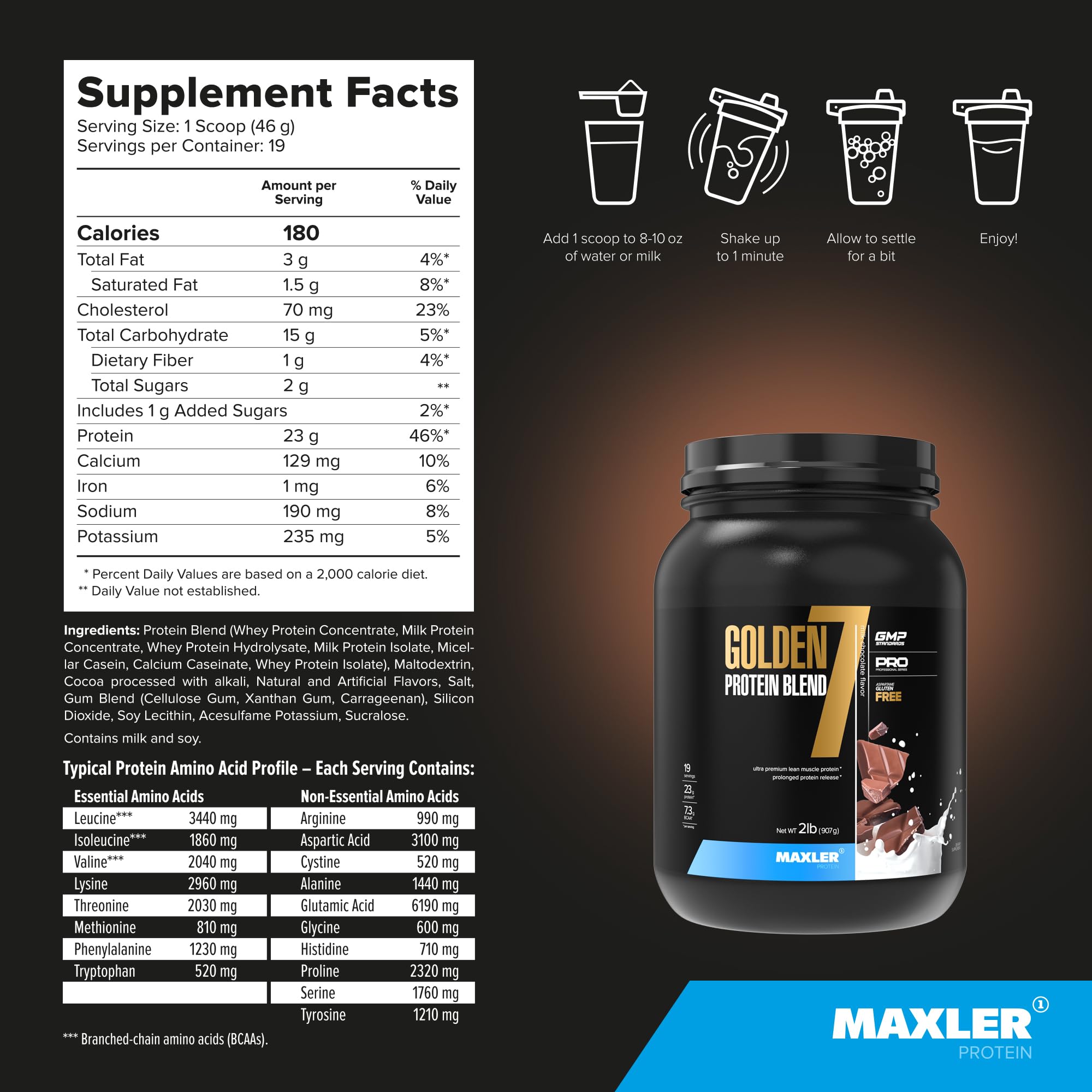 Maxler Golden 7 Protein Blend - Protein Powder for Muscle Gain & Recovery - Milk Chocolate Protein Powder 2 lb