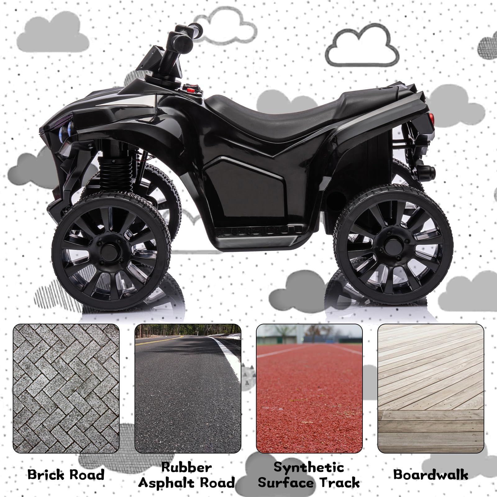 Quad Eléctrico para Niños 6V, Quad para Niños De 3-5 Años, con 2 Motores, Velocidad Ajustable 3-6Km/h, Faros, Bocina, Música, USB, Avance y Retroceso