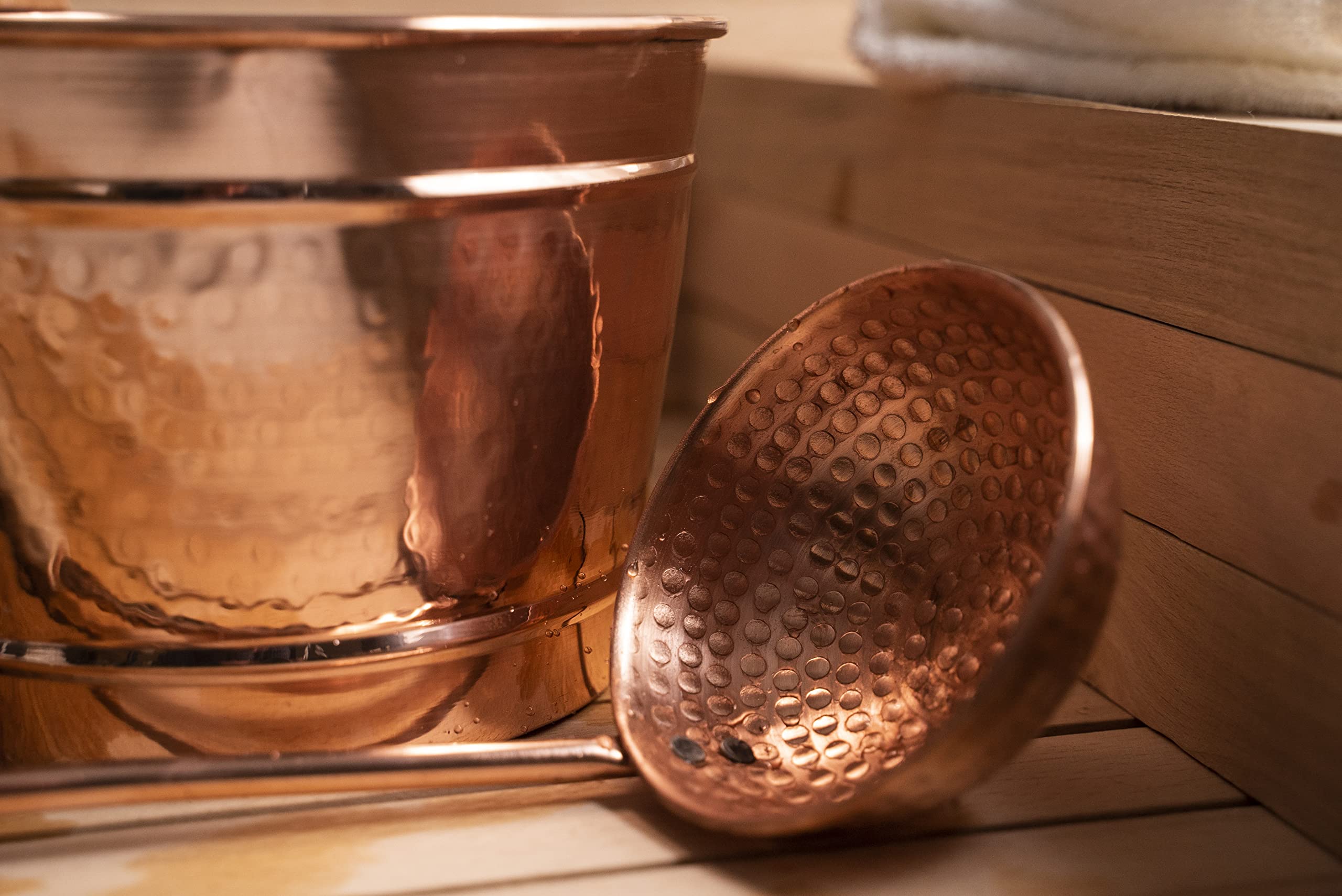 Ensemble seau et louche faits à la main 100 % cuivre massif | Accessoires de spa en cuivre martelé | Accessoires de hammam turc