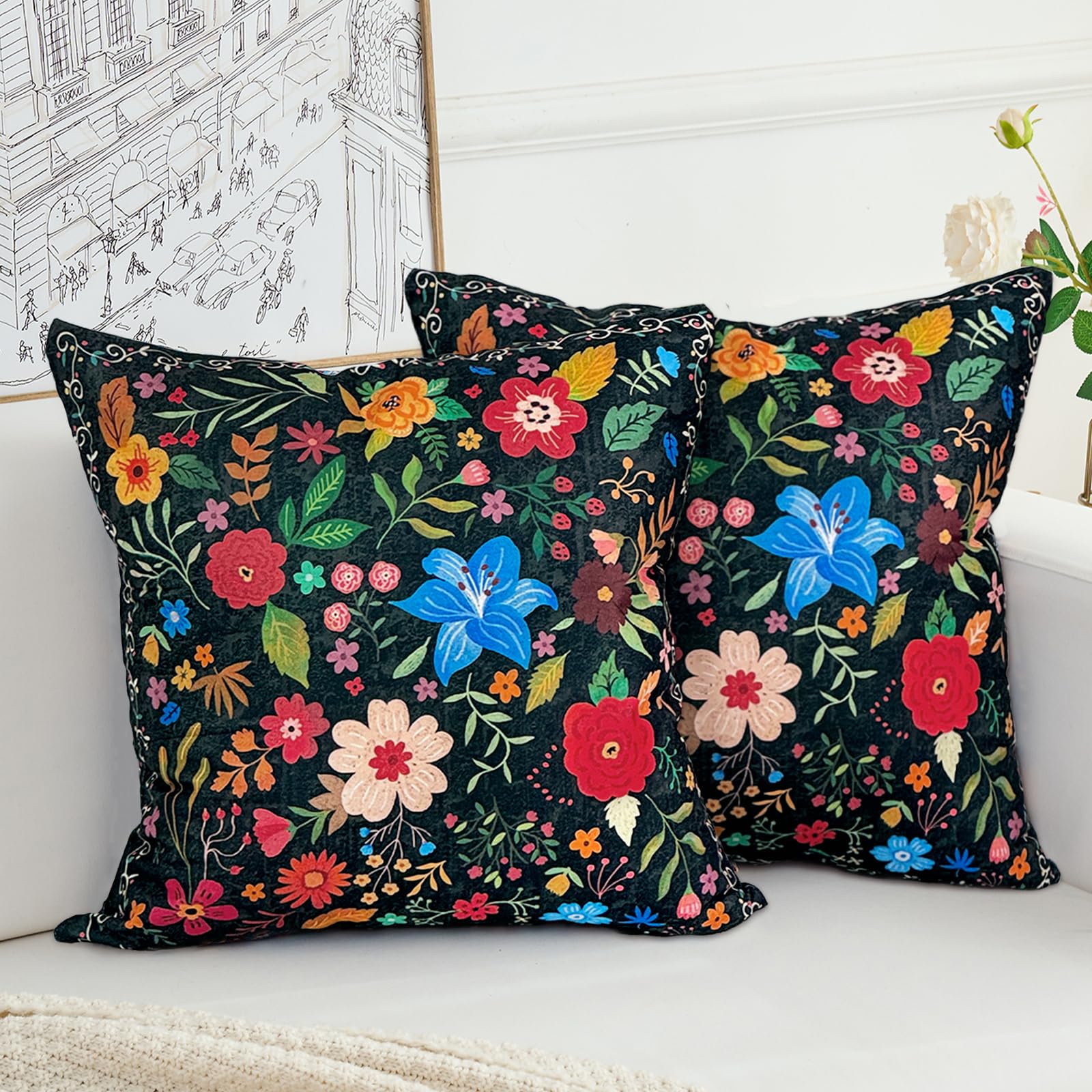 COARVXA Floral Pillow Covers 26x26 Set of 2,Black Farmhouse Floral Pillow Covers Decorative Double Sided Pattern Cushion Cover Soft Pillow Case for