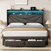 Driftalia LED King Bed Frame with 2 Storage Drawers, Upholstered Headboard & Charging Station, No Box Spring, Easy Assembly - Dark Grey