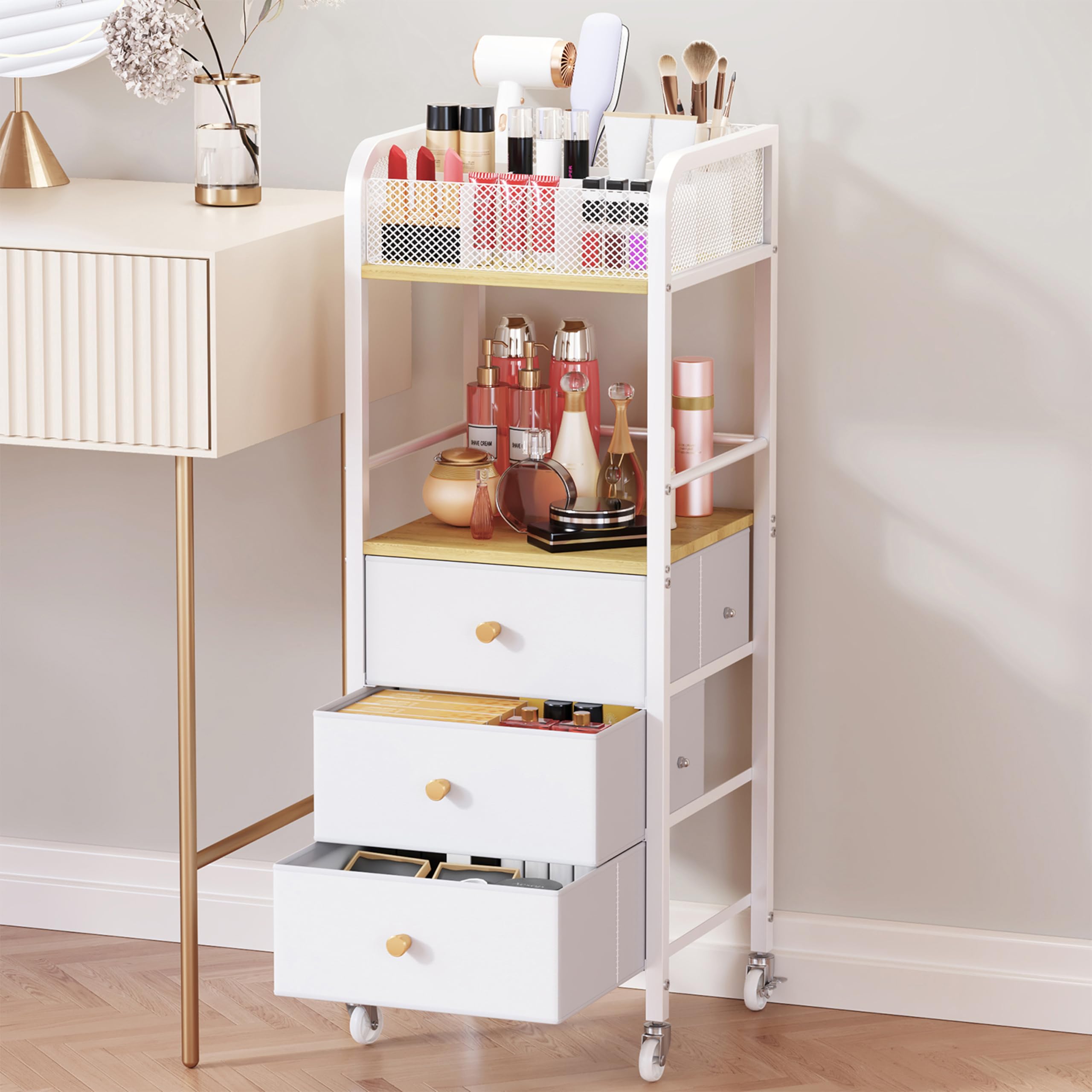 HapiRm Kosmetik Rollwagen Schminktisch Organizer - Boden-Hautpflege Rollwagen Kosmetikstudio mit 3 Schubladen, Kosmetikwagen mit Rollen Kosmetikvitrinen, Halter für Hautpflege, Parfüm, Nagellackbürste