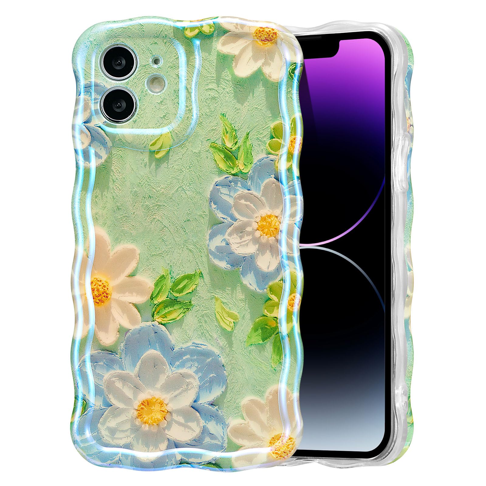 EYZUTAK Case for iPhone 15, Colorful Retro Oil Painting Flower Laser Beam Glossy Pattern Cute Curly Waves Border Exquisite Phone Cover Stylish Durable Soft TPU Protective Case for Girls Women - Green — view 78