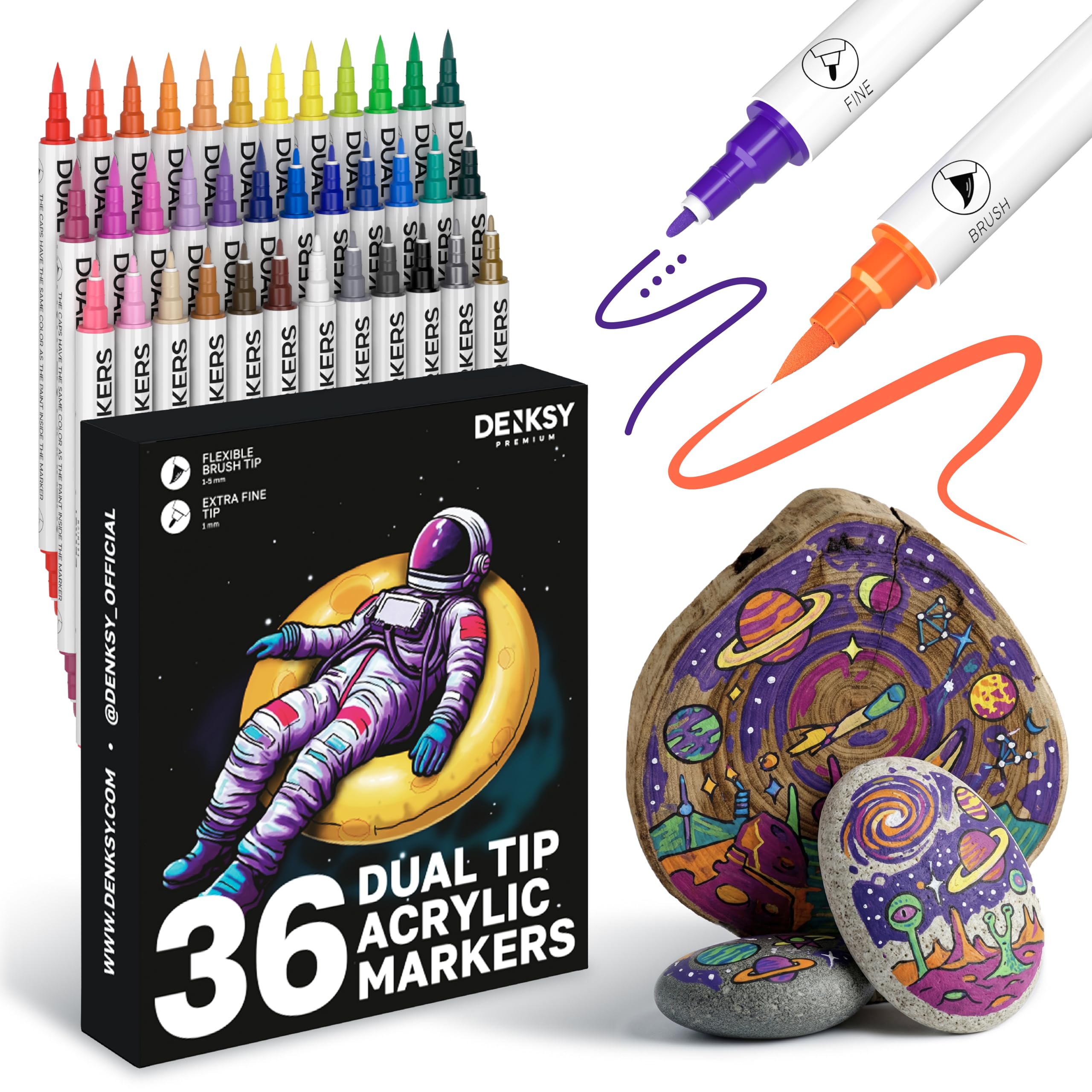 36 Dual Tip Acrylic Paint Markers Set | Coloured Markers with Brush & Extra Fine Tips | Water-Based Art Markers | Acrylic Paint Pens for Rock Painting, Glass, Wood, Ceramic DIY Crafts & Art Supplies — image 1