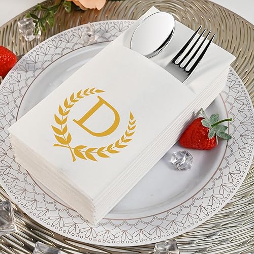 Miniatura 5 de Servilletas doradas de bolsillo con monograma, 100 servilletas de cena con letra D con bolsillo integrado para cubiertos para cubiertos, servilletas