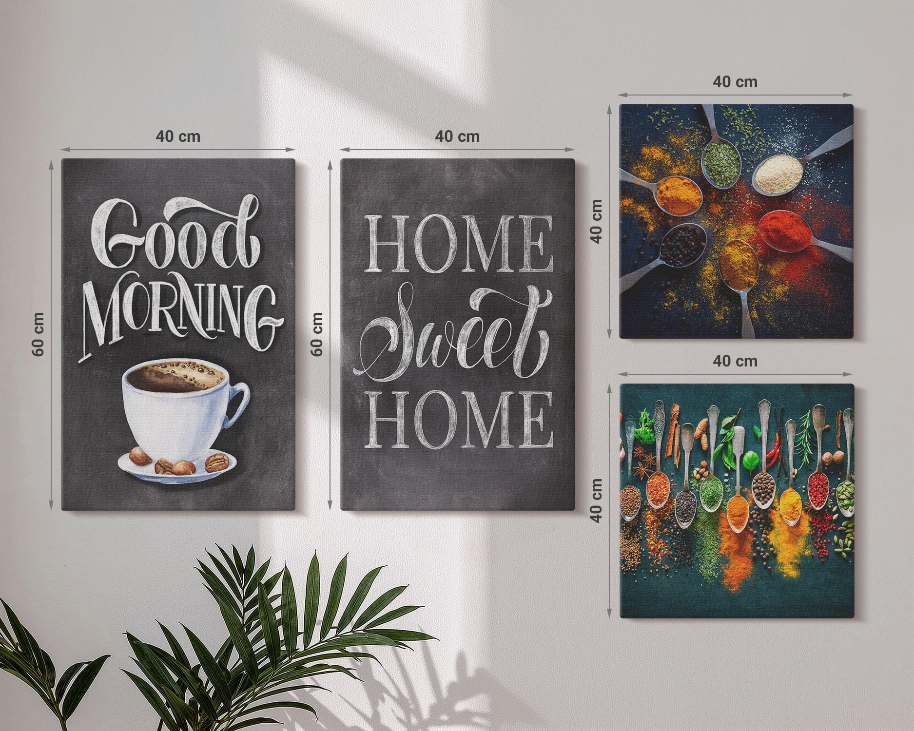 Wallfluent Wandkunst Leinwandbild Set 40x40 x 60x40 cm Polycanvas Wand 4-teiliges Set - ration Schlafzimmer Wohnzimmer - Gewürze Kaffee mit einer Tasse Küchenkräuter Gewürze