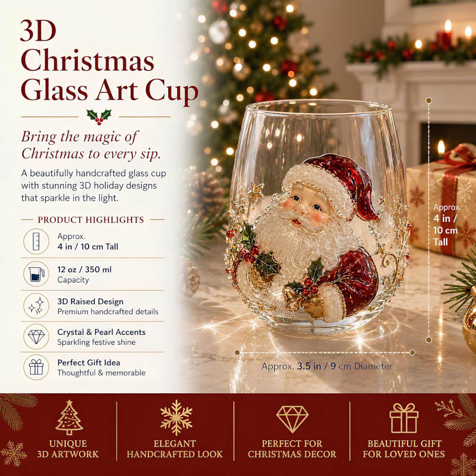 Bicchiere natalizio 2D con motivo Babbo Natale, bicchiere da vino senza stelo, per caffè, tè, succo, latte, feste di Natale, decorazione natalizia, idea regalo