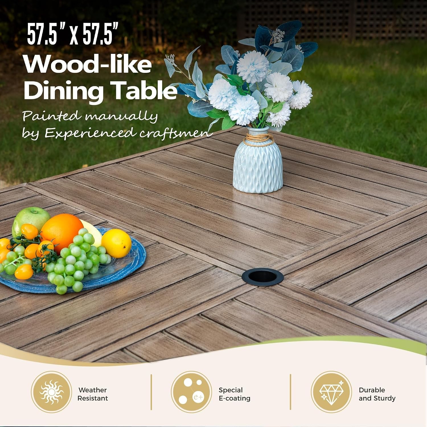 MIXPATIO 9 Pieces Outdoor Patio Dining Set, 57.5“ Metal Square Table with Umbrella Hole, 8 x Rope Rattan Swivel Chairs with 3.2" Cushion for Yard, Porch, Beige