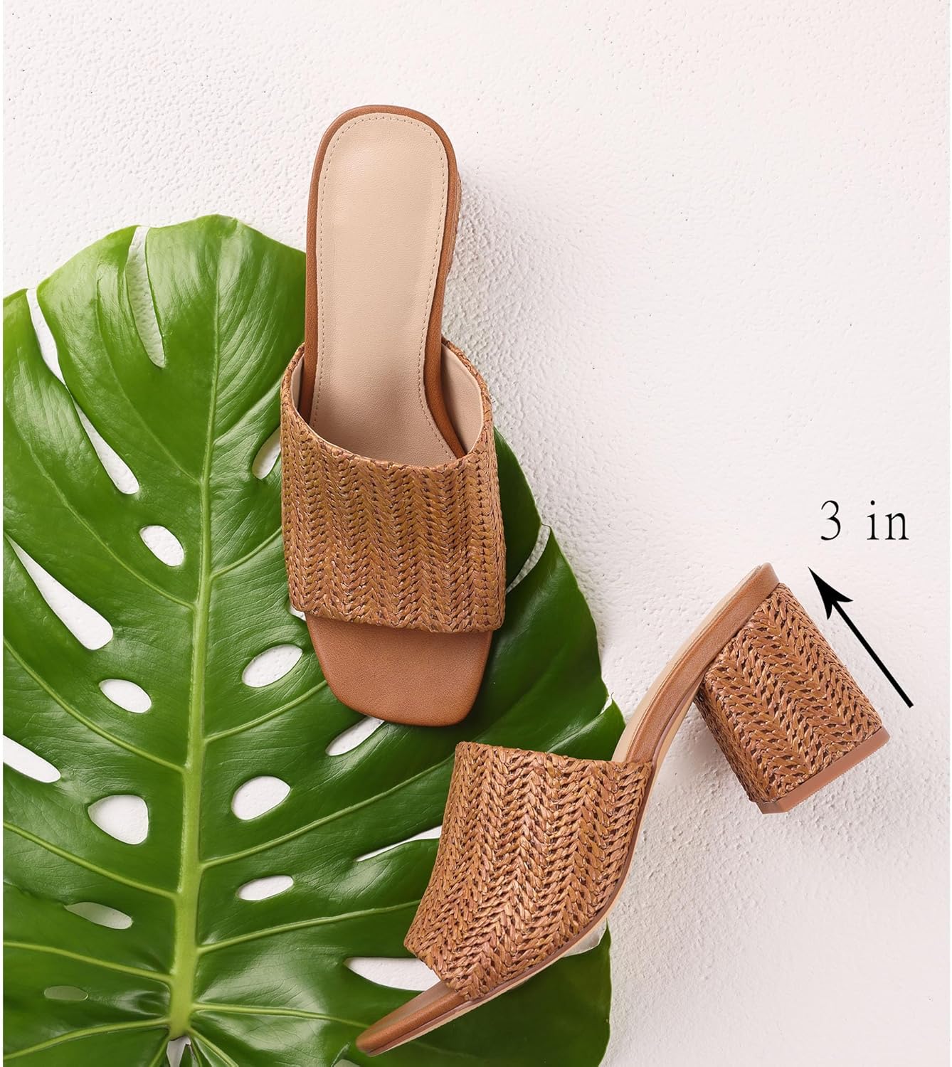 Ancomafio Heeled Sandals for Women,Raffia Sandals 2025 Chunky Heels Square Toe Mules Block Summer Shoes Slip On - Image 5