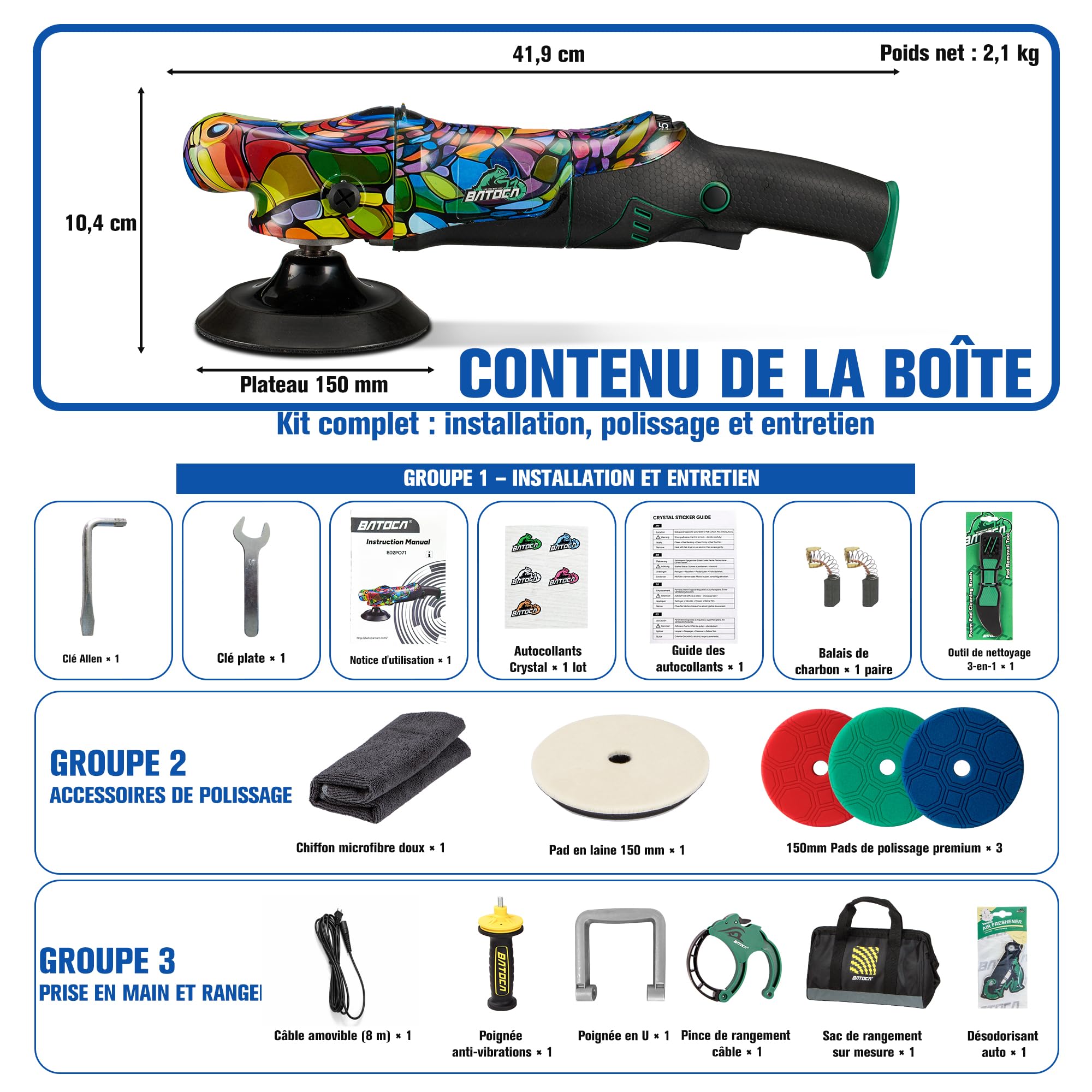 BATOCA P2 Kit Polisseuse 1000W Haut Couple, Lustreuse Rotative 150mm Heavy-Duty Correction Peinture Profonde, Clip de Câble & Outil Pad 3-en-1, Câble Amovible 5m, 1000-3800tr/min, Bateau, Camping-Car