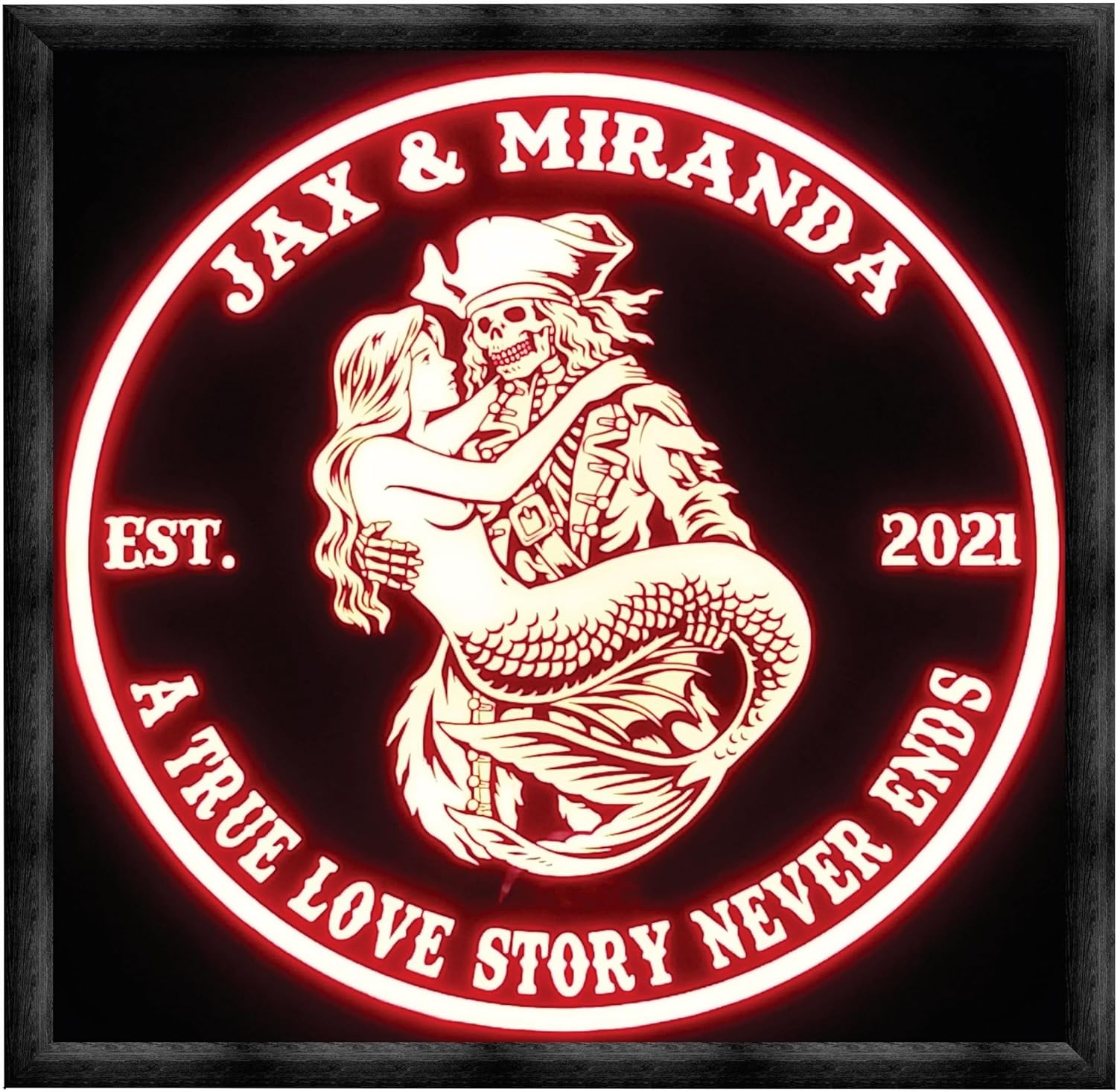 Bones & Smoke Co - Personalized Pirate & Mermaid Light – Romantic Skeleton Couple Design – Custom Name and Year – 12x12 Wood Frame RGB Remote Control Sign – Love, Anniversary, or Bar Gift Decor