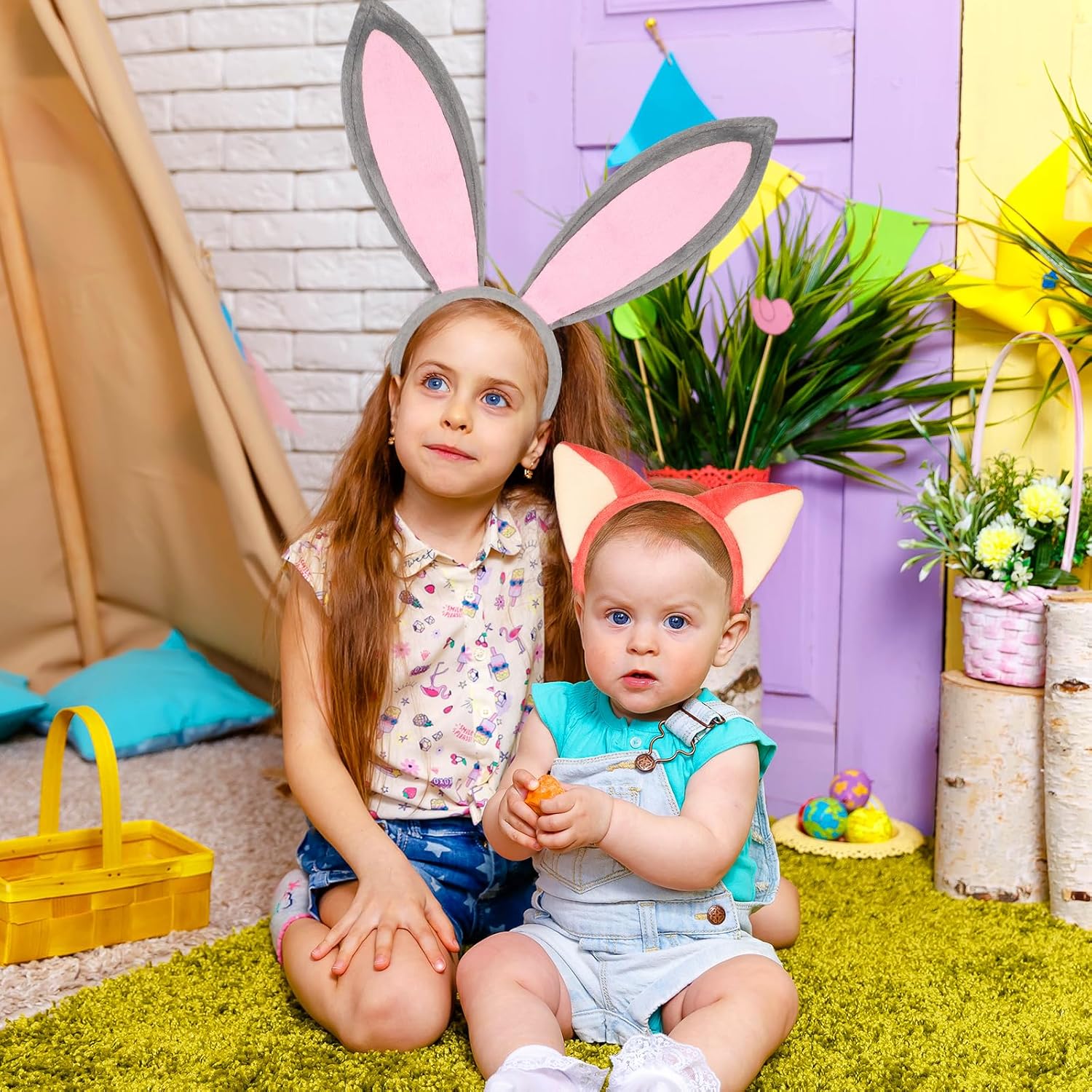 2Pcs Fox and Rabbit Ears Headband Set Cute Plush Animal Ears Headband for Women Men Bunny Fox Costume Adult Headwear for Halloween Cosplay Costume Accessories Fancy Dress Party Favors Gifts - Image 5