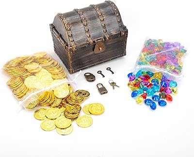 AiFanS Pirate Treasure Chest for Kids,Treasure Box with 288 Treasure Gold Coins and Gems,Jewels- Perfect for Pirate Themed Parties and Games