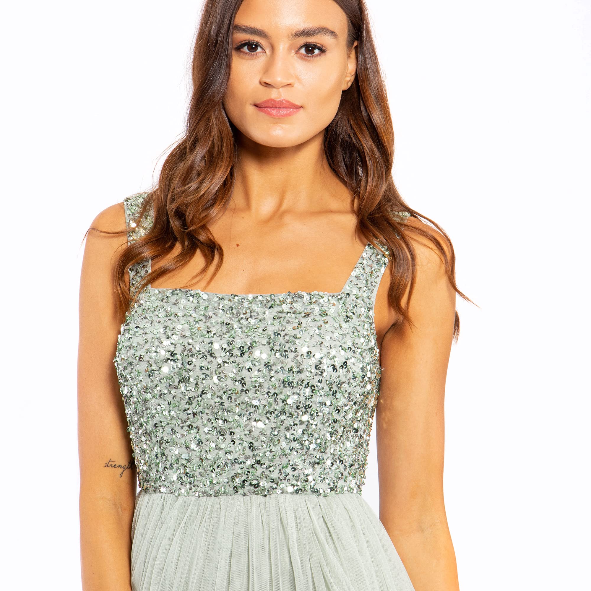Damen Maxikleid mit Breiten Trägern, Ärmellos, Quadratischer Ausschnitt, Verziert für Hochzeit, Gast, Abschlussball