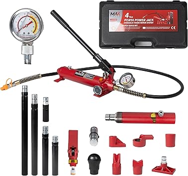 مجموعة أدوات إصلاح تصادم إطار جسم السيارة Porta Power Jack الهيدروليكية بسعة 4 طن و8800 رطل، 18 قطعة، مع حقيبة حمل ومقياس لقالب النفخ