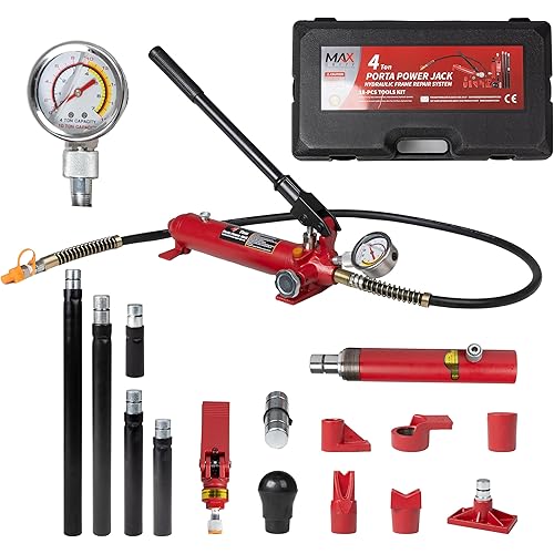 4 Ton (8800 lbs Capacity) Porta Power Jack Hydraulic Ram Auto Body Frame Collision Repair Kit Set, 18-Pcs, with Blow Mold Carrying Case and Gauge