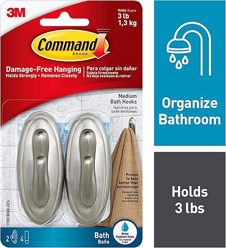 Command 17051BNB-2ES mediano níquel cepillado 2 4 tiras resistentes al agua organiza ganchos de baño de plástico tradicionales sin daños cuenta