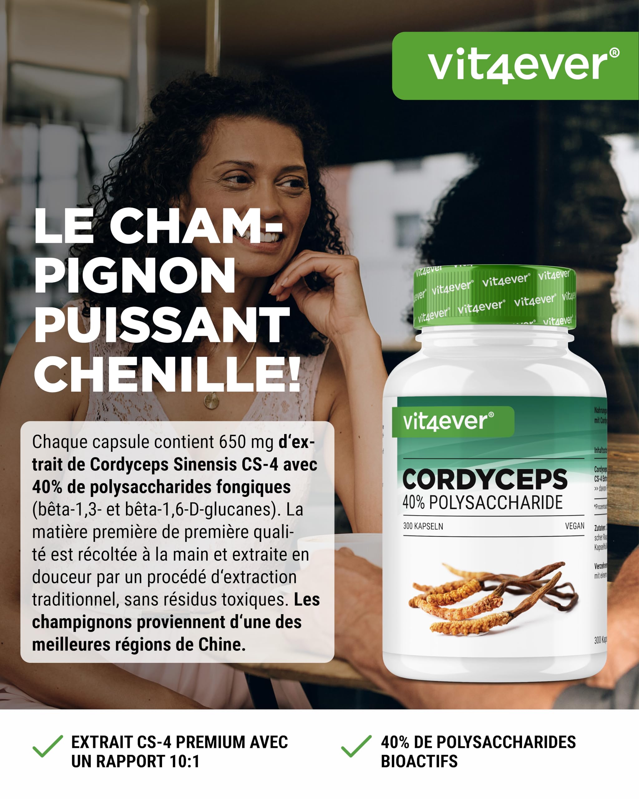 Champignon Cordyceps - 300 capsules avec 650 mg de Véritable Extrait de CS-4-40% de Polysaccharides Bioactifs - Haute Dose - Champignon Chenille - Vegan