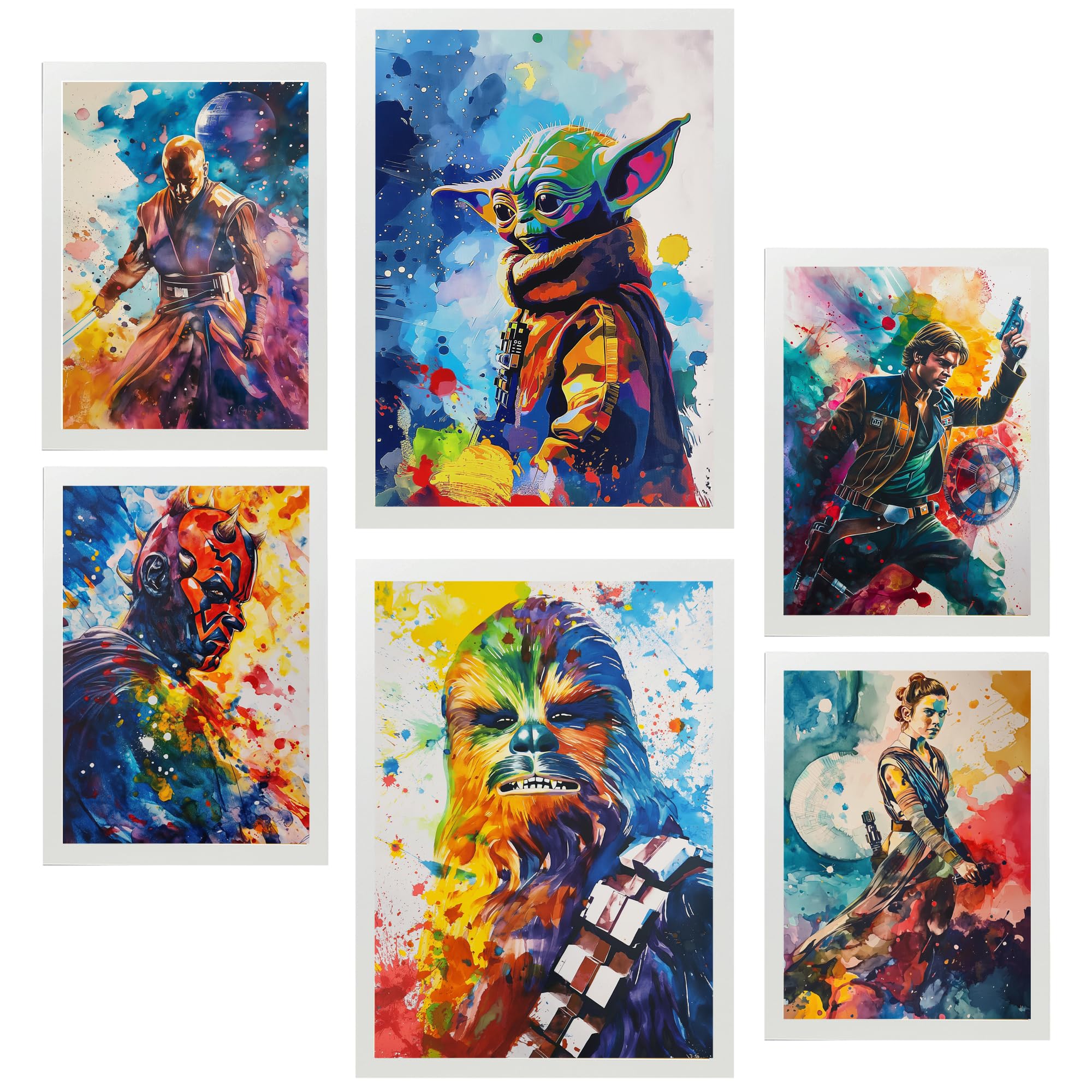 Nacnic Set de 6 Starwars Colorido Cuadros con ilustración de diseño para decorar las paredes del hogar. Habitación, oficina, tienda. Tamaño A3 y A4. Marco blanco
