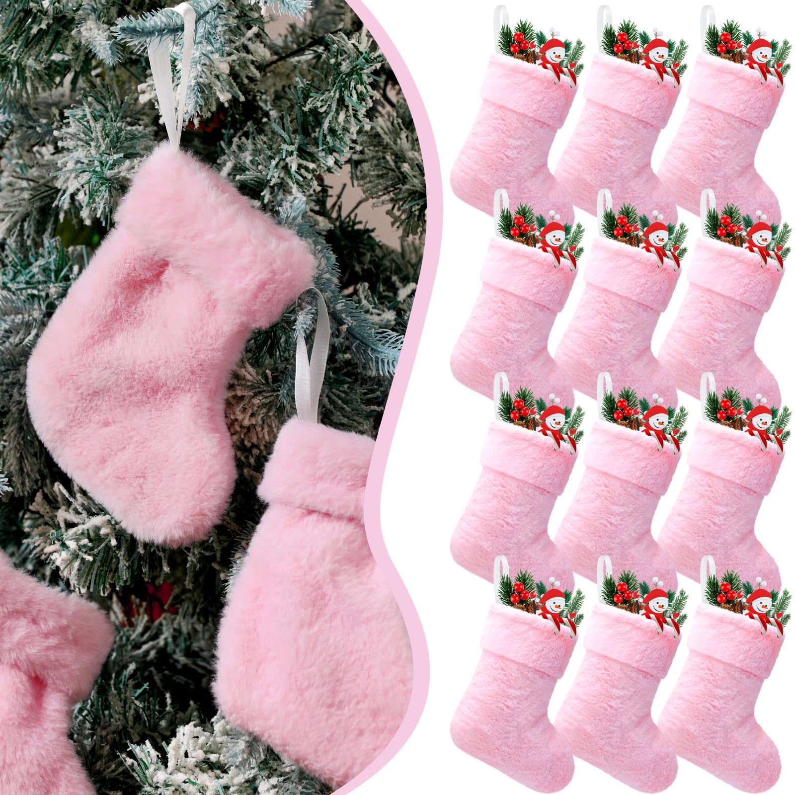 JOVITEC Lot de 12 chaussettes de Noël en fausse fourrure à suspendre pour cheminée, fête, sapin de Noël, cadeaux de 17,8 cm