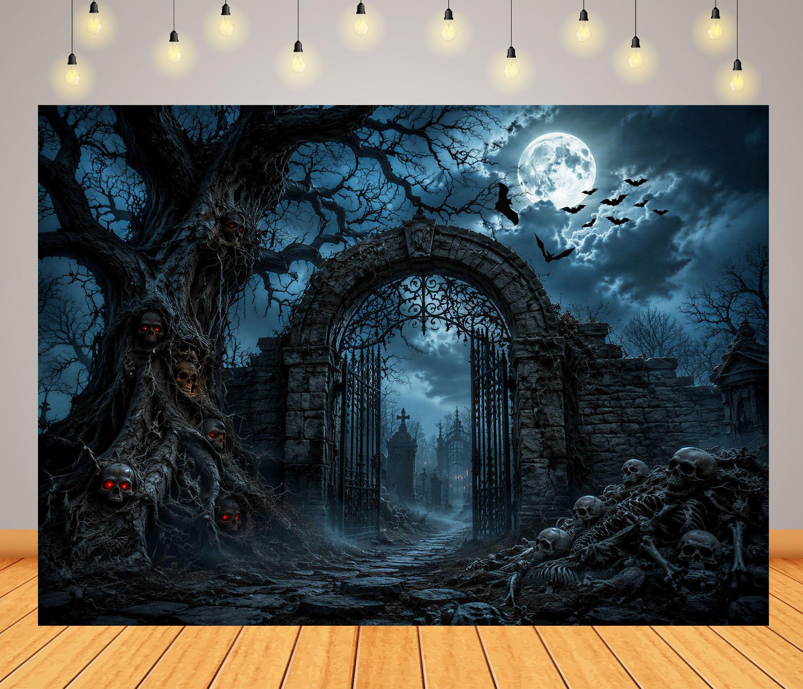BELECO 4.6x3m Tessuto Sfondo Halloween Cancello Cimitero Spettrale | Albero Con Teschi Cimitero Spaventoso Porta Di Ferro Scheletro Teschio Luna Piena Pipistrello Notte Nebbiosa Telo Di Sfondo