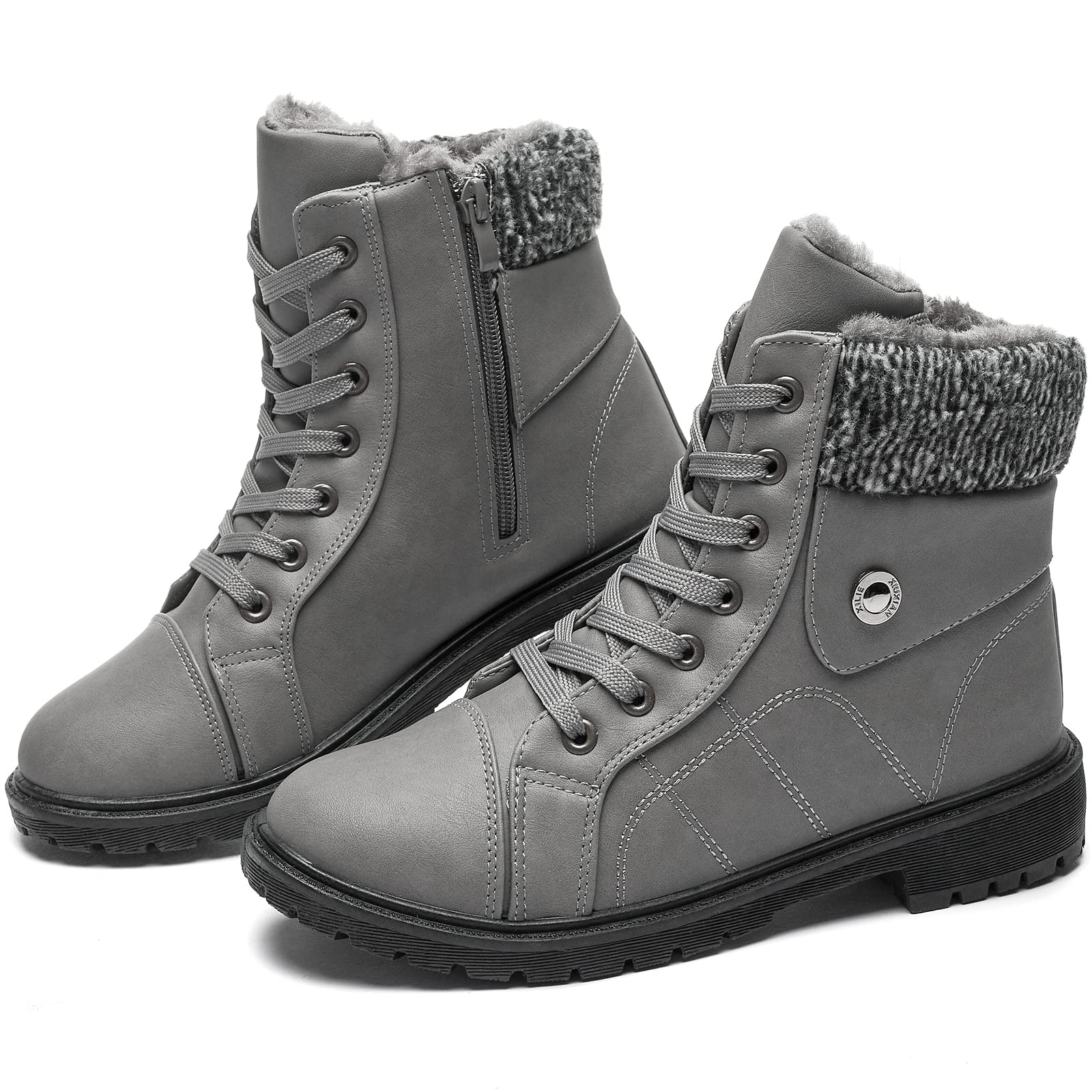 FRACORA Womens PU Leather Combat Boots Warm Fur Lined Black Ankle Booties Side Zipper White Boots Non-slip Winter