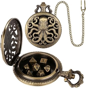 Mini DND Dice Set, Steampunk Bronze Hollow Octopus Pocket Watch Case, 7 Pieces Polyhedral Metal D&D Dice Set, DND Gifts with Gift Box, Role Playing Board Game Accessories