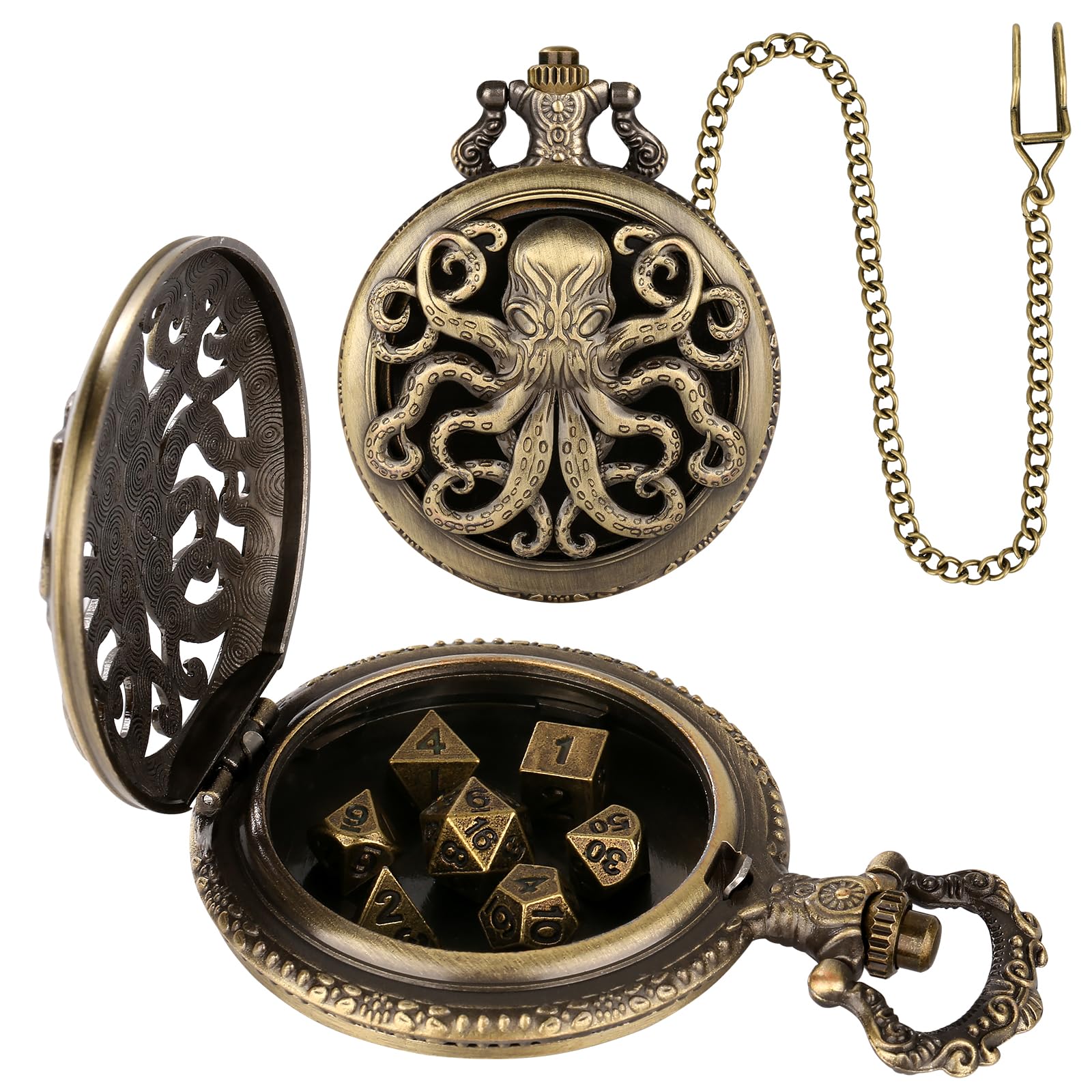 Mini DND Dice Set, Steampunk Bronze Hollow Octopus Pocket Watch Case, 7 Pieces Polyhedral Metal D&D Dice Set - Image 2