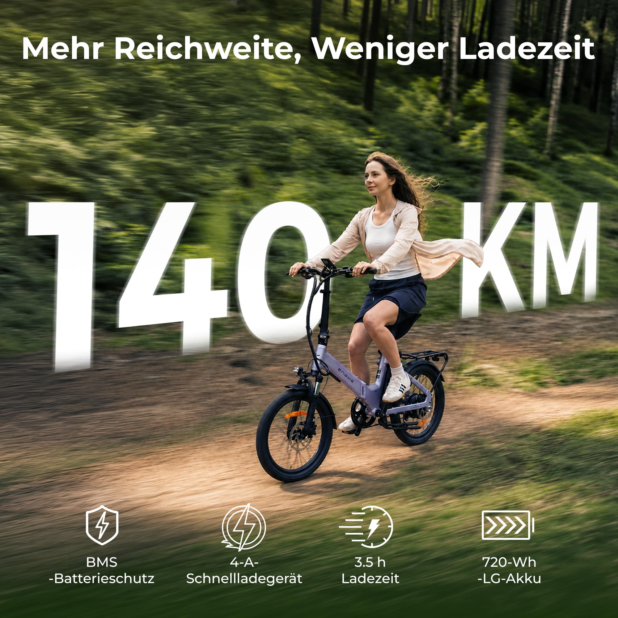 ENGWE O20 E Bike Klapprad | Kompaktes Elektrofahrrad | 250W-Motor | 48 V, 15 Ah, herausnehmbarer Akku | Reichweite: 80–140 km | App-Anbindung | Stadtverkehr