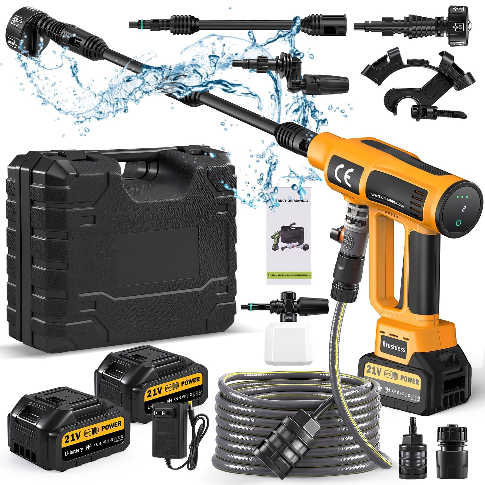 Idropulitrice a Batteria Portatile 200 Bar, Pulitore ad Alta Pressione Senza Fili con 2 Batterie 4.0Ah, 5m Tubo & Spruzzatore di Schiuma, Schermo LED Touch 4 Livelli Regolabili, per Auto Giardino