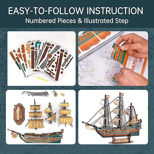 Miniatura 6 de HUOQB LED The Spanish Armada Ship Rompecabezas 3D de estilo vintage moderno, kit de modelo de vela, juguete de montaje de bricolaje, kit de modelo