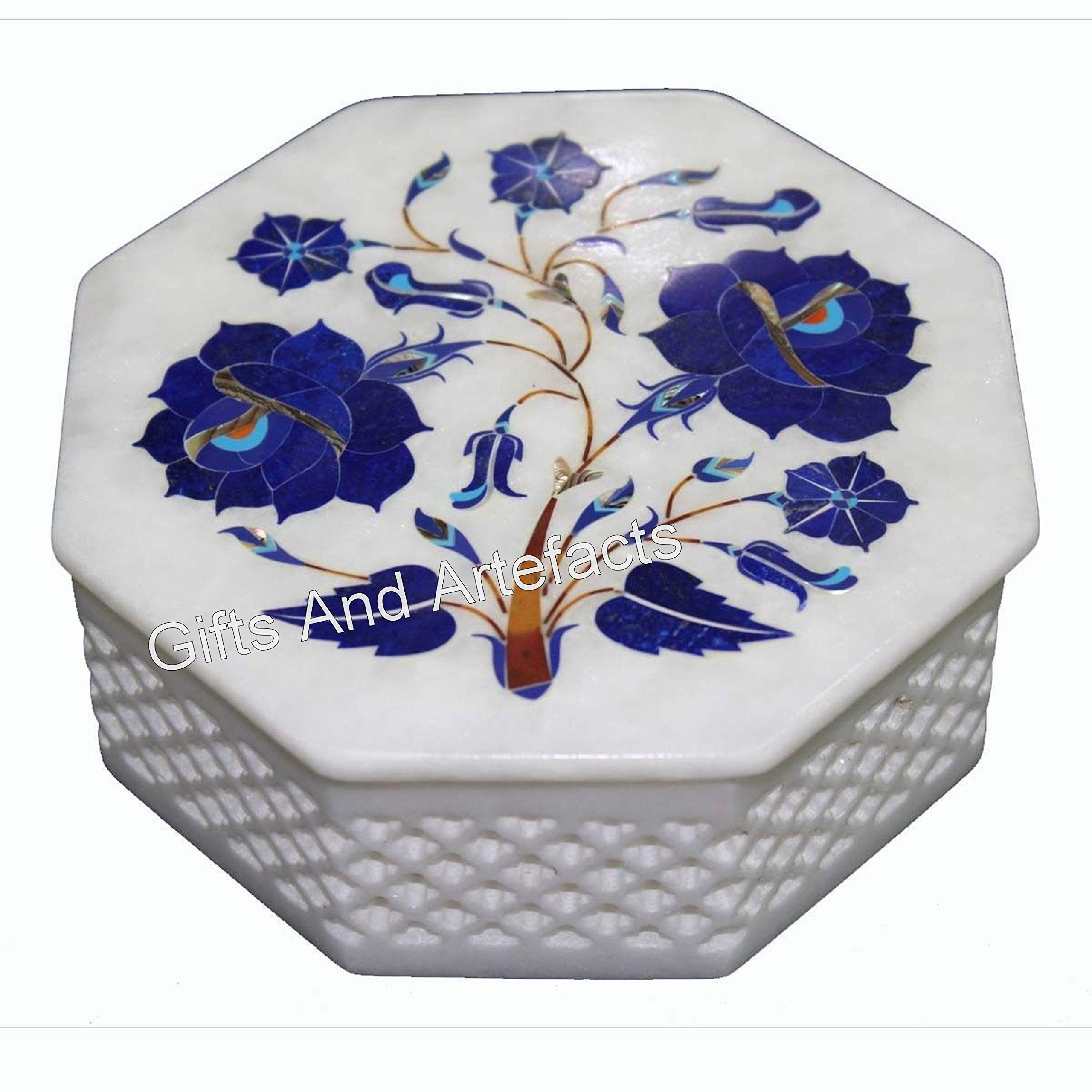 Boîte en marbre blanc et lapis-lazuli octogonale pour bijoux précieux