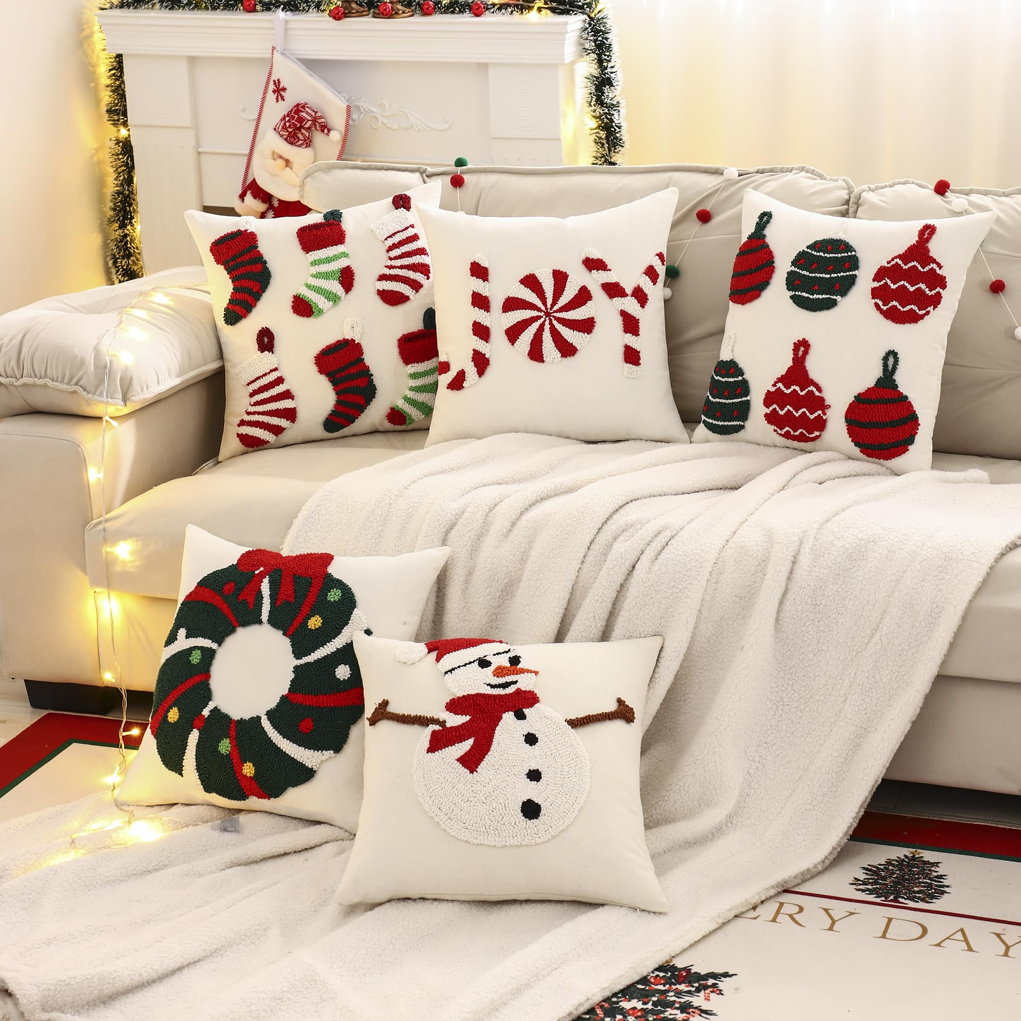 Tosleo Set di 2 federe natalizie con ghirlanda natalizia con fiocco, 45,7 x 45,7 cm, decorazioni natalizie a ciambella, in cotone, per divano, letto