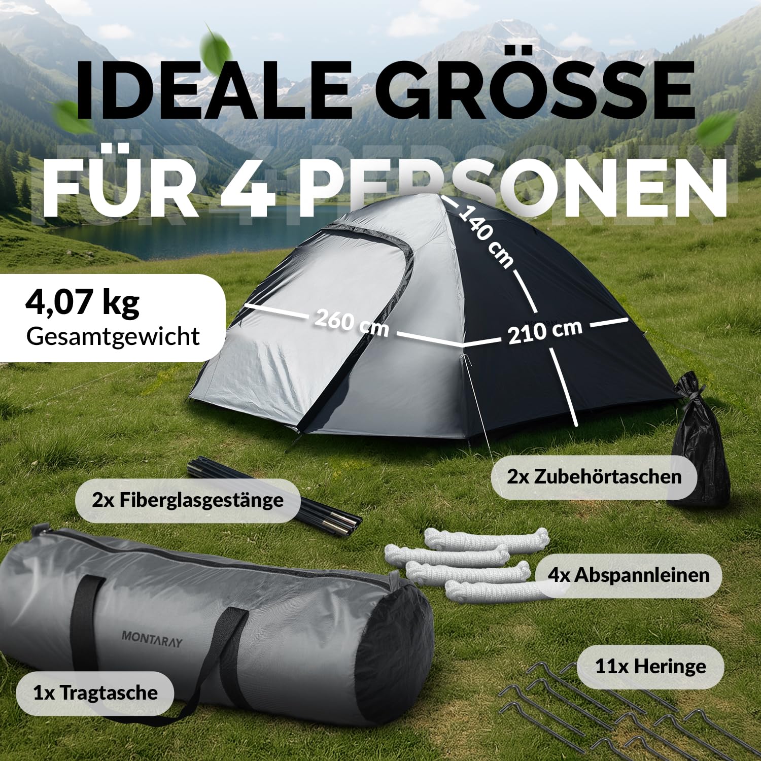 Zelt 2 oder 4 Personen Doppelwandiges Campingzelt mit Mückenschutz schneller Aufbau, wasserdicht, winddicht & atmungsaktiv, leicht, faltbar inkl. Tragetasche ideal für Camping & Festival Grau