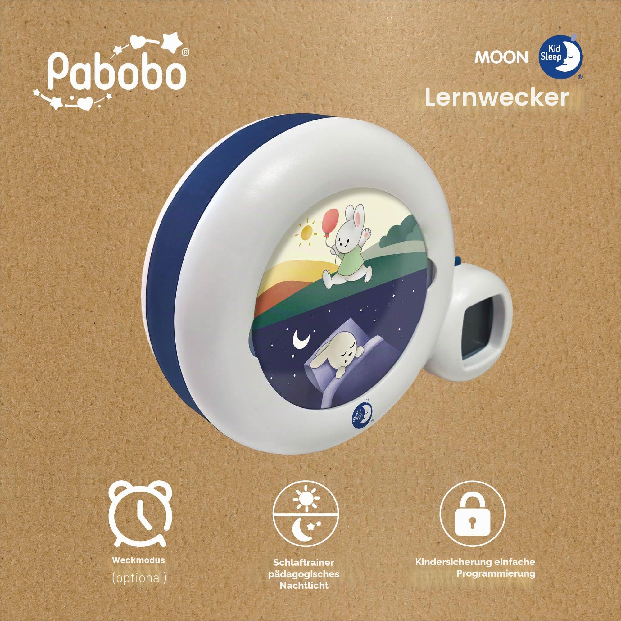 Pabobo Kid Sleep - Mond 3 in 1 (Nachtlicht, Anzeige & Wecker) - Kinder pädagogische musikalische Wecker - Tag / Nachtlicht - weiß