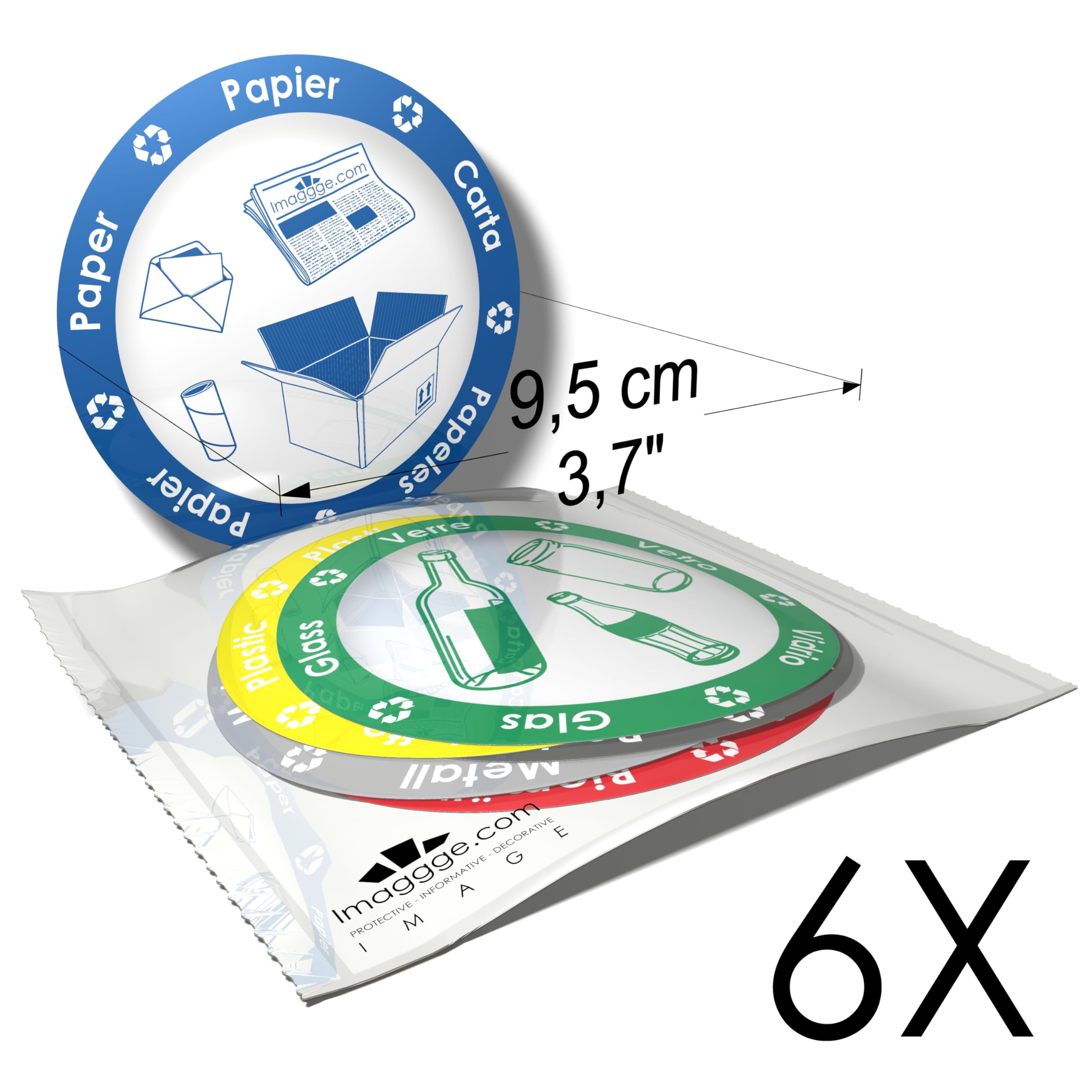 Autocollants d'information - Pictogrammes pour l'organisation du tri sélectif des déchets pour poubelle ou conteneur - 6 stickers ronds - 9,5cm